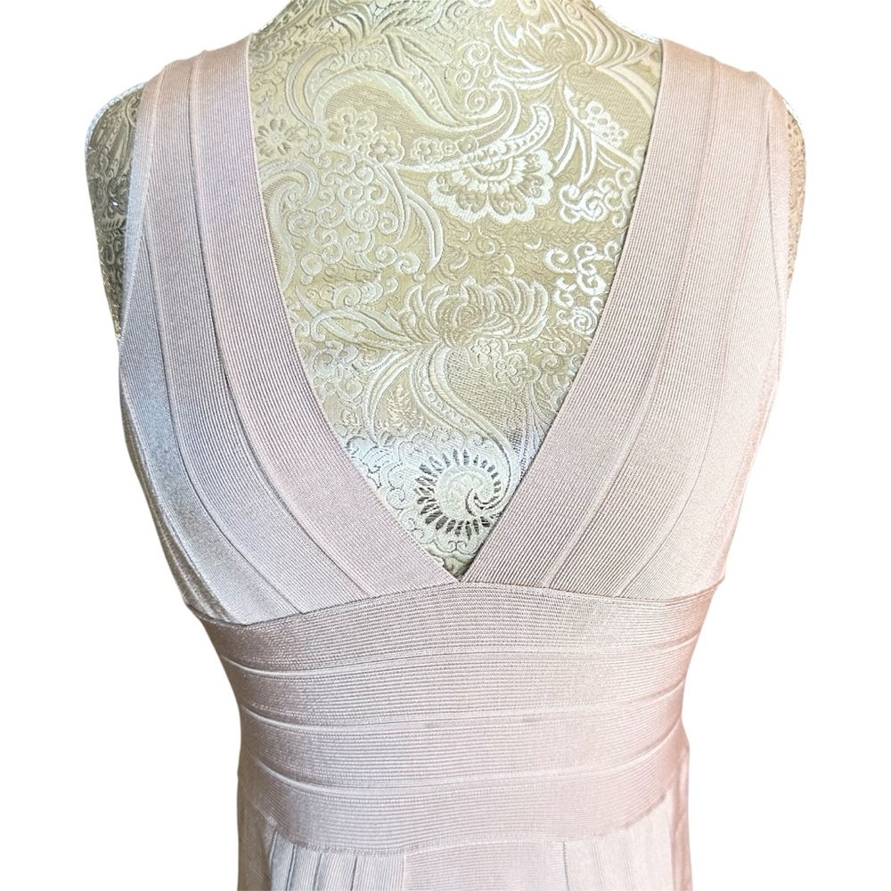 Sexy Stretch Beige Cream Heavy Bandage Mini Dress Plunge Neck Club Size Large - Picture 10 of 10